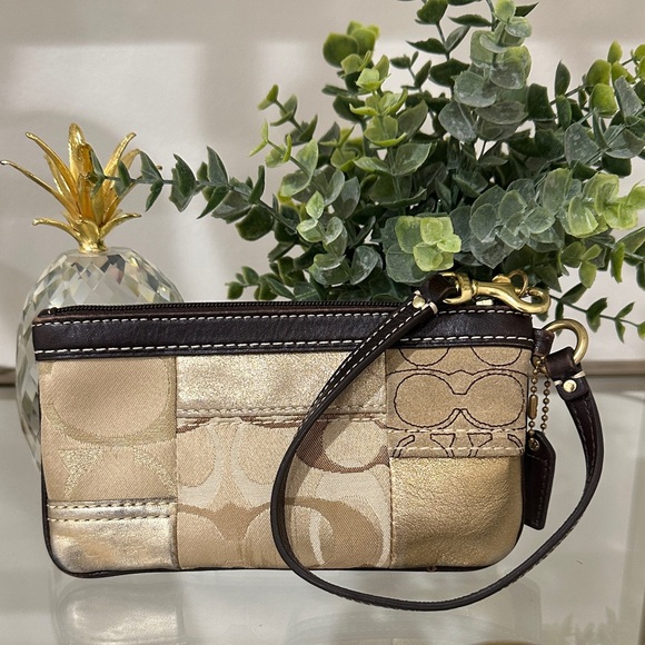 Coach Metallic Gold and Brown Patchwork Wristlet - Picture 9 of 10